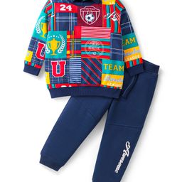 Babyhug Terry Knit Full Sleeves T-Shirt & Lounge Pants Set with Sports Theme Print - Navy Blue-image-121