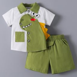Mark & Mia 100% Cotton Half Sleeves Shirt & Shorts Set with Dino Applique - Green-image-68