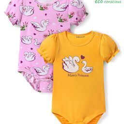 Babyoye 100% Cotton Knit Eco Jiva Finish Half Puffed Sleeves Onesies with Duck & Chick Print Pack of 2 - Pink & Mustard-image-92