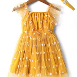 Babyhug Single Jersey Knit Sleeveless Frock With Floral Embroidery & Headband - Mustard-image-35