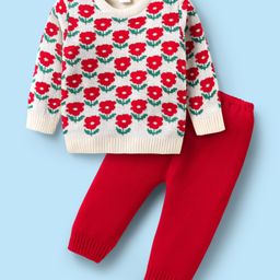 Babyhug Knitted Full Sleeves Sweater Set with Floral Design - Red & Cream-image-77