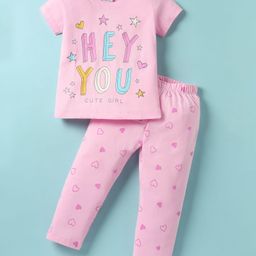 Tango Single Jersey Knit Half Sleeves Night Suit With Heart & Text Print - Pink-image-19