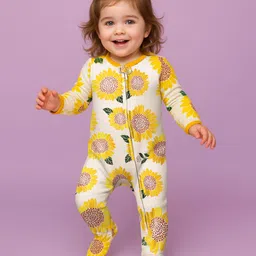 Babyoye 100% Cotton Interlock Knit Full Sleeves Sleepsuit With Floral Print - White-picture-22