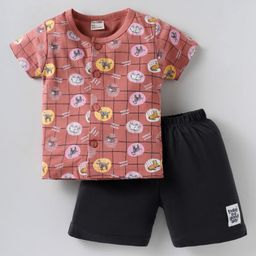 CUCUMBER Sinker Knit Half Sleeves Front Open Shorts Night Suit with Animal Print - Rust Orange-picture-13