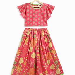 Campana 100% Cotton Woven Half Frill Sleeves Floral Printed Gota Lace Embellished Lehenga Choli Set - Pink-picture-12