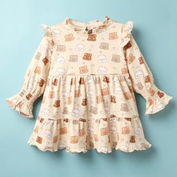 CUCUMBER Interlock Knit Full Sleeves Frock With Animal Print - Beige-image-8