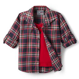 Dapper Dudes Woven Full Sleeves Checked Shirt With Attached Tee - Navy Blue-picture-4