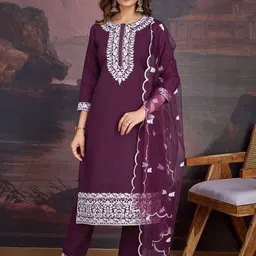 Inddus Women Floral Embroidered Regular Thread Work Kurta with Trousers & With Dupatta-image-61
