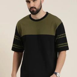 Dillinger Olive & Black Loose Fit Cotton Oversized Crew T-Shirt-image-19