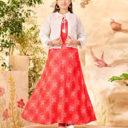 Aarika Girls Coral & Cream Embroidered Dress with Jacket-image-42