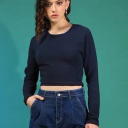 Kotty Blue Polyster Solid Full Sleeves Crop Top-image-91
