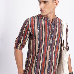 Anouk Rustic Band Collar Striped Geometric Printed Roll-Up Sleeves Kurta-image-58