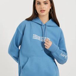 Styli Blue Cotton Printed Hoodie-image-30