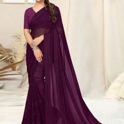 Mirchi Fashion Wine Georgette Solid Saree With Unstitched Blouse-picture-32
