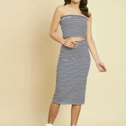 Trend Arrest White & Black Cotton Striped Crop Top With Skirt-67