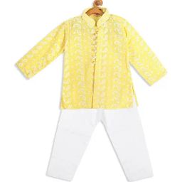 VASTRAMAY SISHU Mustard & White Cotton Embroidered Kurta Set-image-65