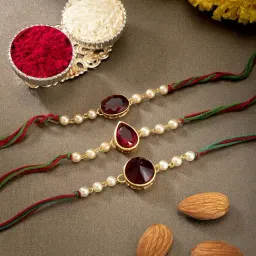 Peora Red Crystal Stone & Pearl Thread Rakhi with Roli Chawal Greeting Card (Set of 3 Rakhi)-image-7