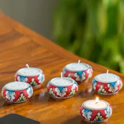 ExclusiveLane 'Shimmering Mughals' Floral Hand-painted Tea-Light Holders In Ceramic (Set of 6)-image-84