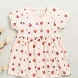 Bumzee Girls Peach Cap Sleeves Cotton Knee Length Frock-image-9
