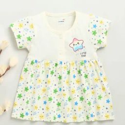 Bumzee Girls Cream Cap Sleeves Cotton Knee Length Frock-image-84