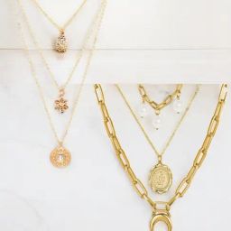 OOMPH Gold Tone Multi Layer Multi Stranded Coin Chram Medallion Link Chain Necklace Pack of 2-5