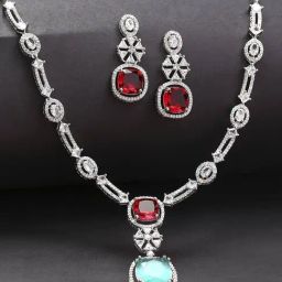 OOMPH Mint Green and Red American Diamond Necklace Set-image-48