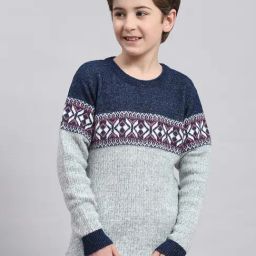 Monte Carlo Kids Grey & Navy Self Design Full Sleeves Sweater-image-14