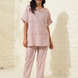 Fabindia Pink Cotton Printed Tunic Pyjamas Set-image-38