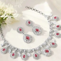 OOMPH Wine American Diamond Teardrop Statement Design Necklace Set-image-35