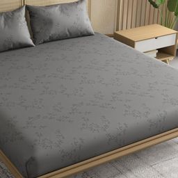 Trance Home Linen Grey Floral 300 TC Egyptian Cotton Fitted King Bedsheet Set-1.98mX1.98m-19