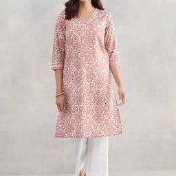 Fabindia Off White & Pink Cotton Regular Fit Floral Print Kurtas-image-45
