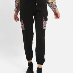 MADAME Black Cotton Graphic Print Mid Rise Joggers-image-50