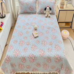 JC HOME Blue & Pink Printed Cotton Double Queen Bed & Pillow Cover-image-90