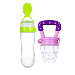 Joy Buzz Kids Set Of 2 Baby Squeezy Spoon Food Feeder & Fruit Feeder - Green & Pink-75