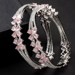 NVR Women's Silver-plated American Diamond Handcrafted Bangles - Set of 2-14