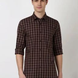 Peter England Brown Cotton Slim Fit Checks Shirt-image-14