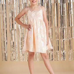 Cherry & Jerry Girls Peach Self Design A-Line Knee Length Dress-image-85