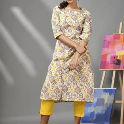 Charukriti White & Yellow Cotton Printed Straight Kurta-picture-27