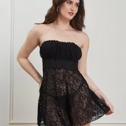 Secrets By ZeroKaata Women Black Self Design Strapless Lace Baby Doll with Thong Brief-picture-18