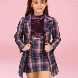 Cutecumber Girls Purple Polyester Checks Mini Dress with Blazer-image-90