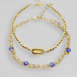 OOMPH Gold-Tone Evil Eye Good Luck Multi Layer Link Chain Anklet for Women - Set of 2-20