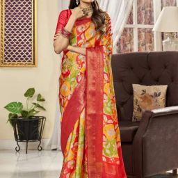Elora Multicolored Floral Print Saree With Unstitched Blouse-image-29