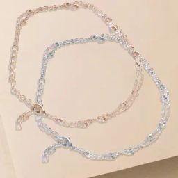OOMPH Silver & Gold-Tone Beads Multi Layered Fashion Anklet for Women - Set of 2-24