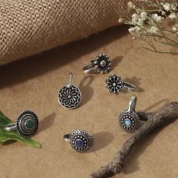Fida Stones Silver Plated Oxidised Floral Tribal Nose Pins for women - Set of 6-11