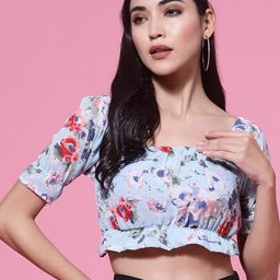 Oomph! Floral Printed Puff Sleeves Gathered Bardot Crop Top-image-41