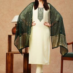 GoSriKi Floral Yoke Design Regular Sequinned Straight Kurta with Trousers & Dupatta-picture-12