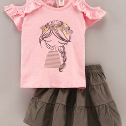 ToffyHouse Cold Shoulder Sleeves Top & Skirt Set Girl Print - Peach-picture-43