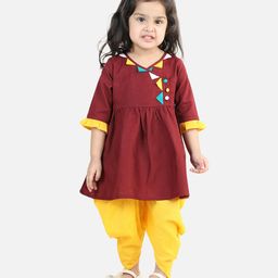 BownBee 100% Cotton Three Fourth Sleeves Patch Work Kurta & Dhoti Set - Maroon-image-17