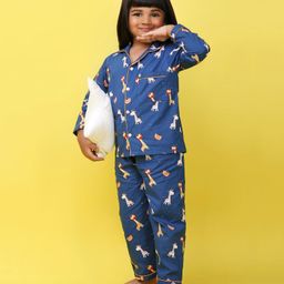 Knitting Doodles Pure Cotton Full Sleeves Animal Theme Giraffe & Rainbow Printed Night Suit - Blue-image-99