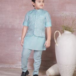 Ministitch Full Sleeves Solid Kurta & Pyjama With Seamless Abstract Self Design Detailed Jacket - Sky Blue-picture-22